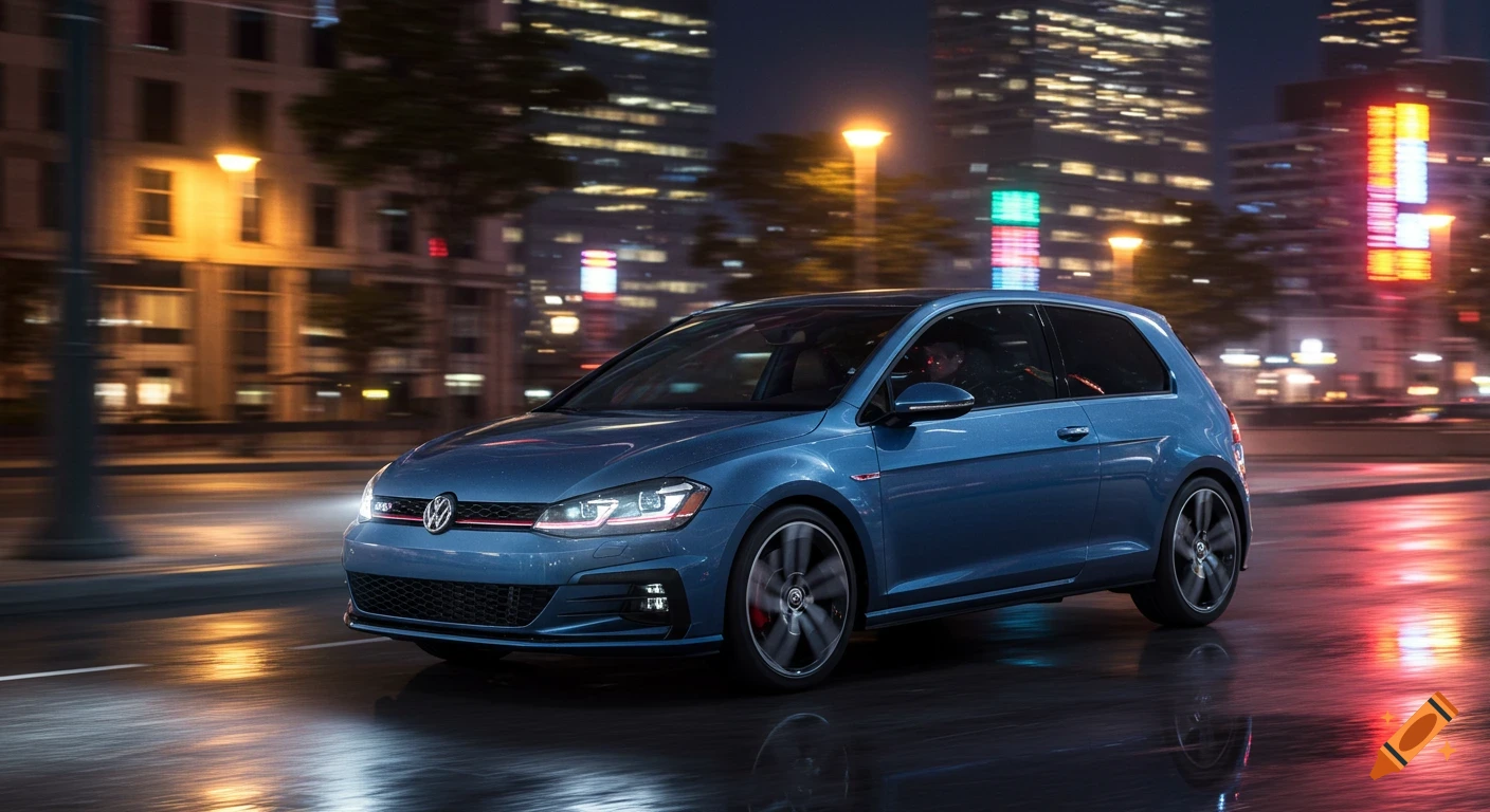A blue Volkswagen Golf GTI driving at night on a wet city street, with blurred city lights in the background.