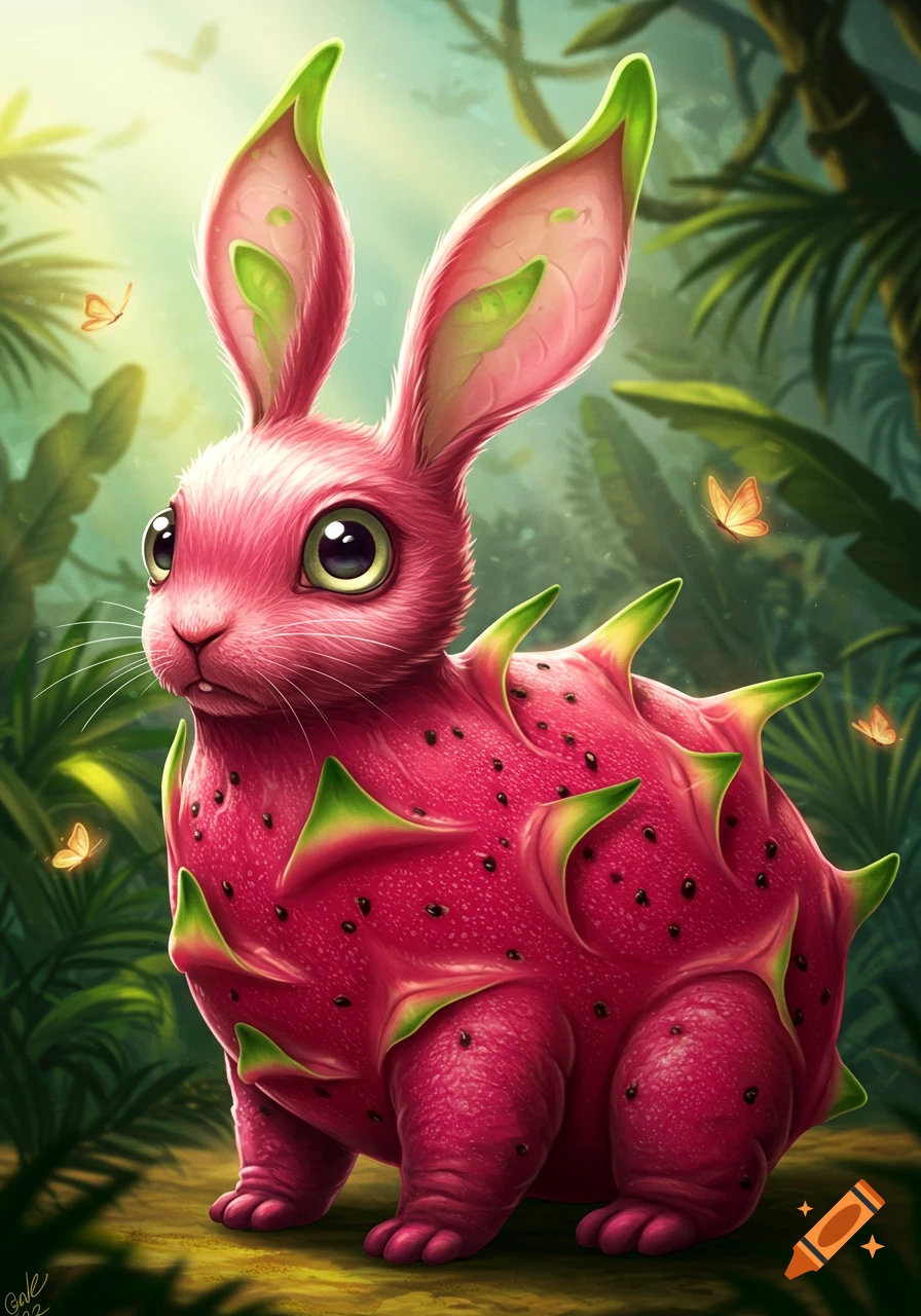 A vibrant pink rabbit-like creature with dragon fruit skin sits in a lush green jungle.