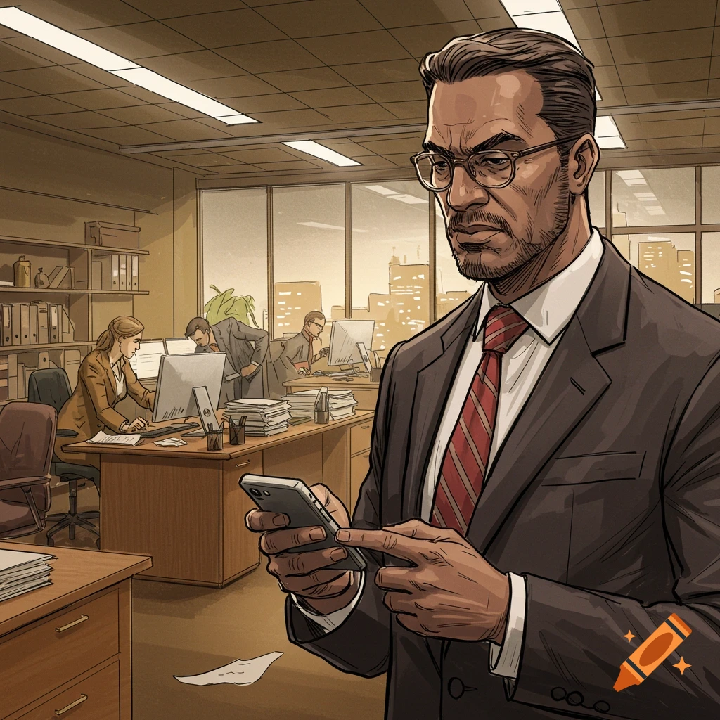 A man in a suit using a phone in a busy office with other employees working in the background, in an illustration style.