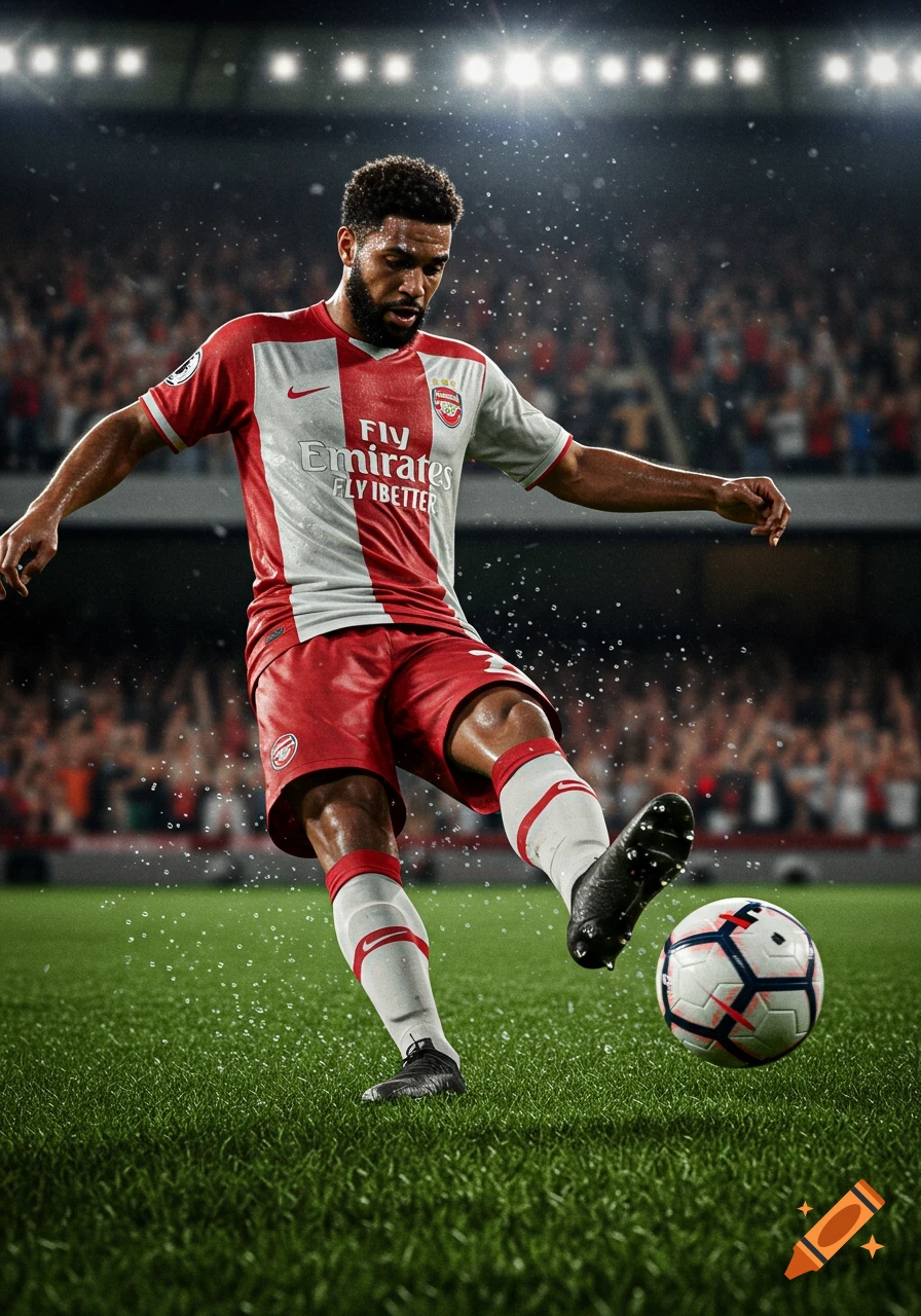 Photorealistic image of a male soccer player in a red and white uniform kicking a ball on a rainy stadium field at night.
