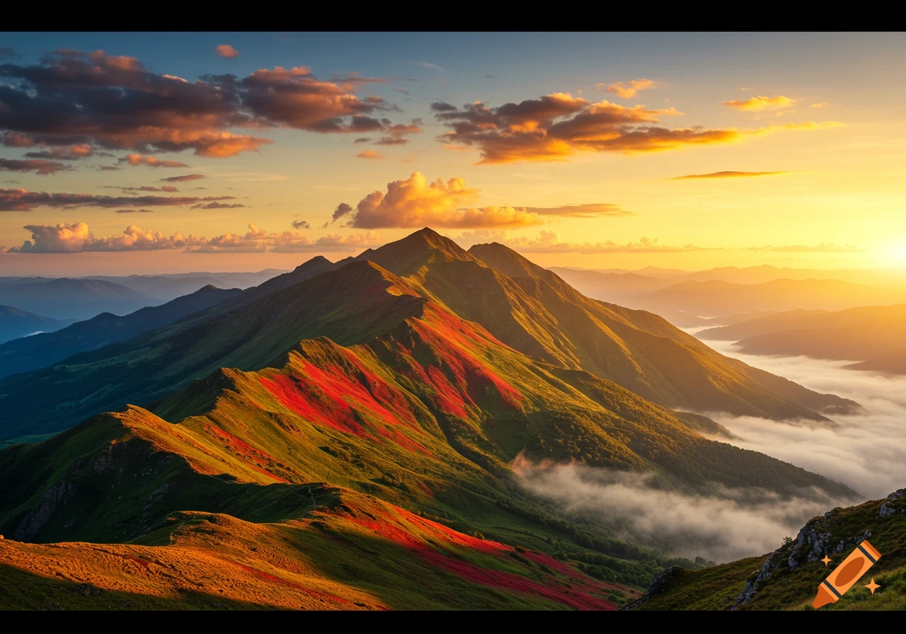 Mountain range at sunrise with orange and red slopes, misty valleys, and colorful clouds.