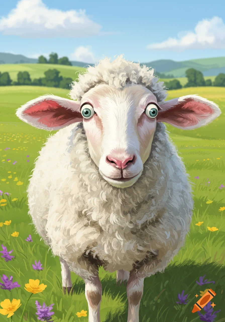 A cartoon sheep with wide, staring eyes stands front and center in a vibrant green field with colorful wildflowers under a blue sky.