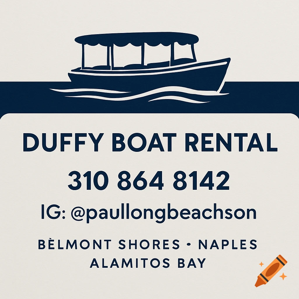 Vectorized illustration of a business card for Duffy Boat Rental with contact information and a boat icon.