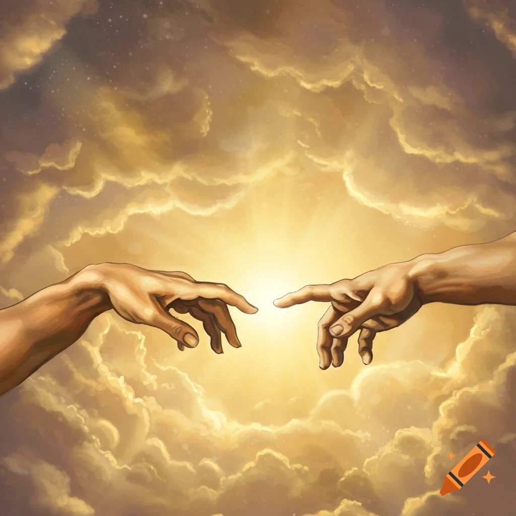 Two hands reaching towards each other in a golden, cloud-filled sky, illuminated by a bright light, in a painterly style.