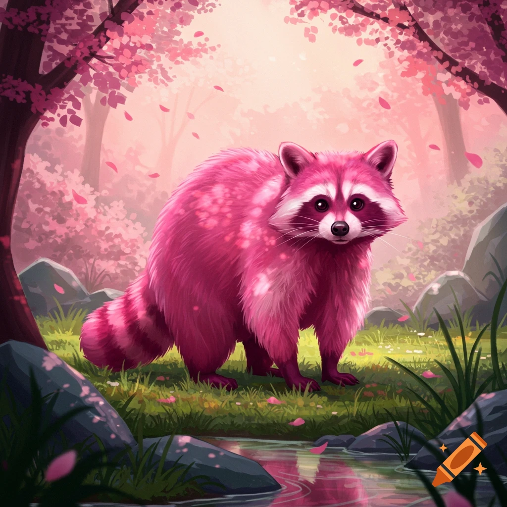A vibrant pink raccoon with white facial markings stands in a lush, pink-hued forest filled with cherry blossoms and a small stream.