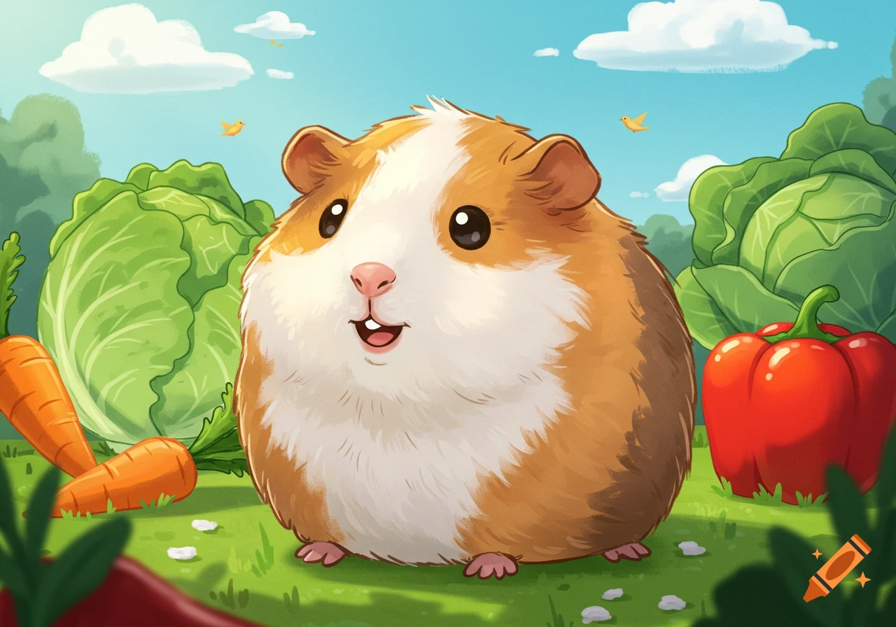 A cute, fluffy brown and white cartoon guinea pig smiles in a sunny garden, surrounded by giant vegetables like cabbage, carrots, and a red bell pepper.