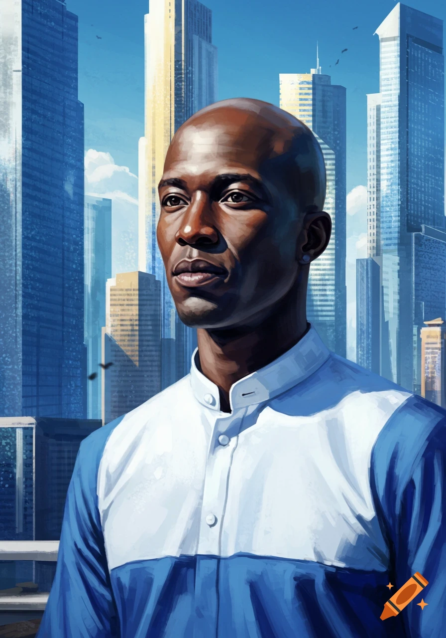 Illustrated portrait of a bald Black man in a white and blue shirt, looking right, with modern city skyscrapers in the background.