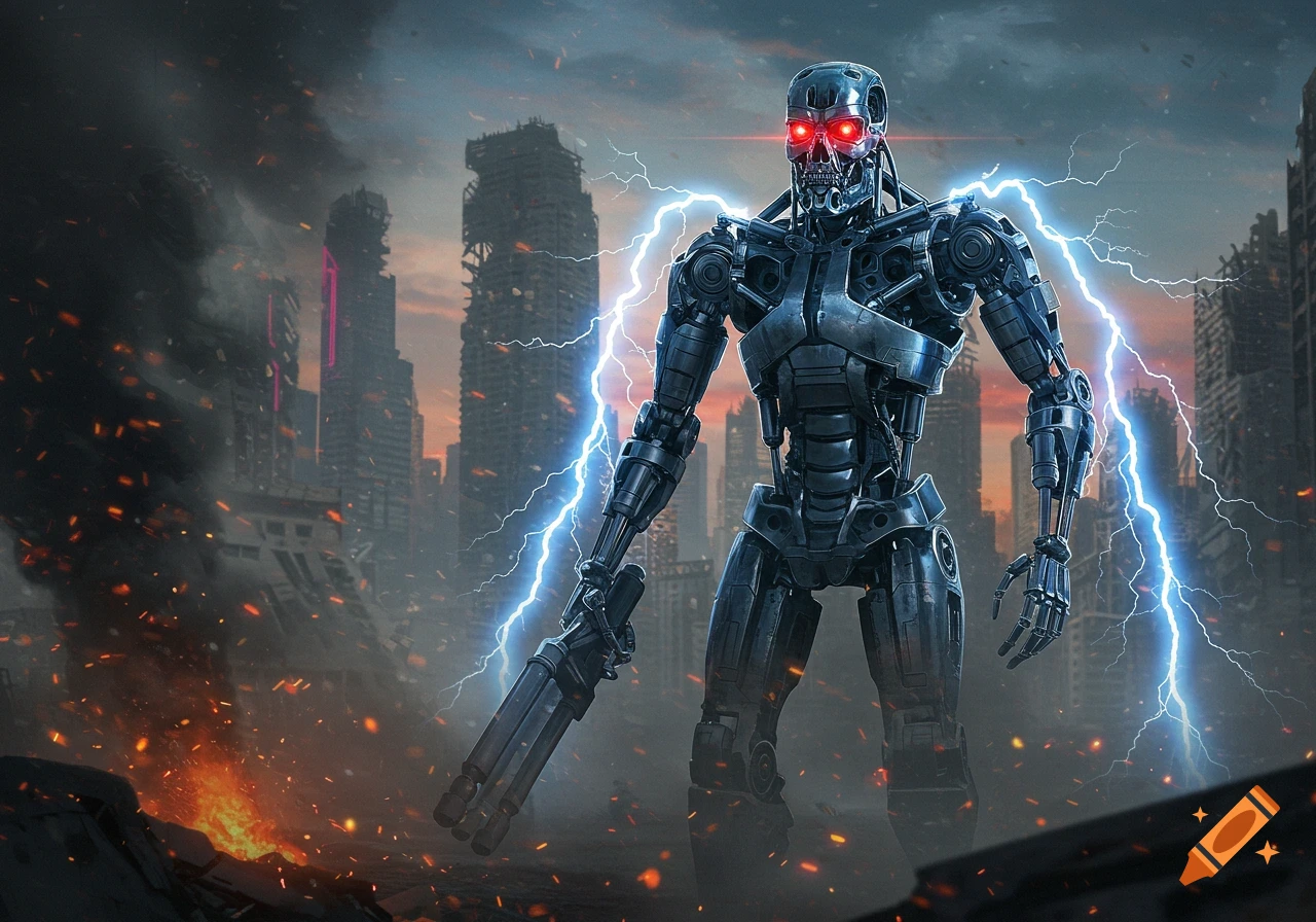 A photorealistic metallic robot with glowing red eyes stands in a ruined city with lightning and fire.