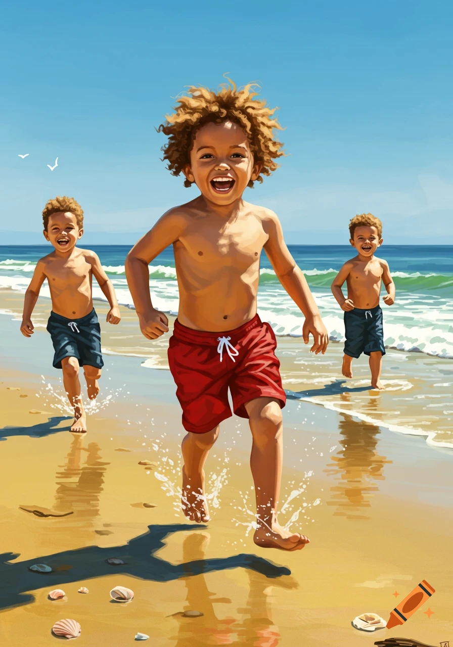 Three happy boys with curly hair run and splash through the shallow waves on a sunny beach, illustrated in a vibrant, painterly style.