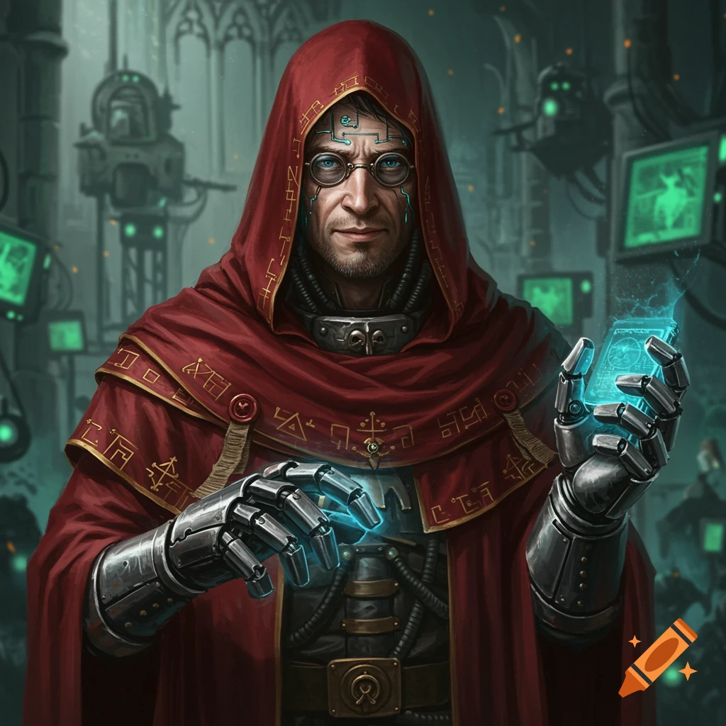 A man in a red hooded robe with cybernetic facial implants and mechanical hands, holding a glowing blue energy card in a dark, tech-filled room.