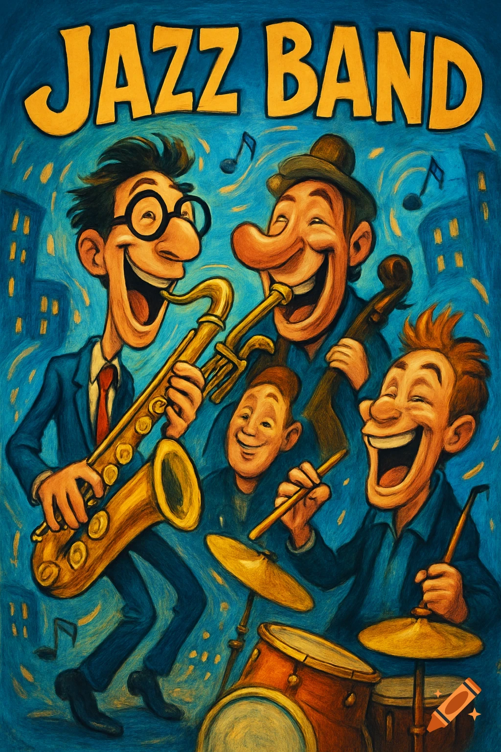 A colorful caricature-style poster depicts a lively jazz band with exaggerated features playing instruments, with 'JAZZ BAND' text at the top.