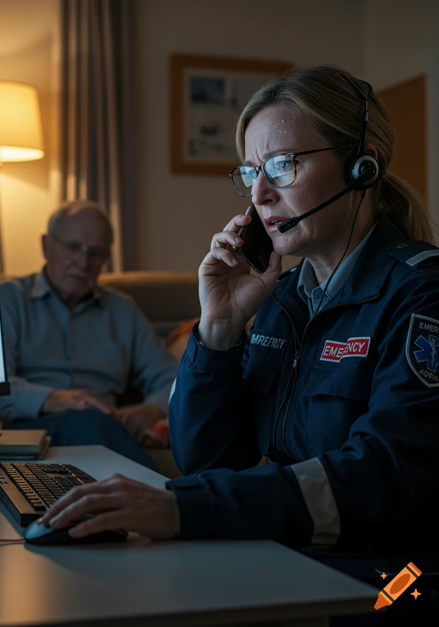 A female emergency dispatcher in uniform with a headset on the phone, looking concerned, while an older man sits blurred in the background.