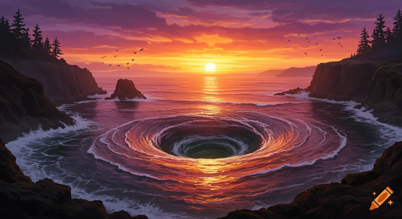 Dramatic sunset over a rocky coast with a large, swirling whirlpool in the ocean, dark cliffs, and pine trees.
