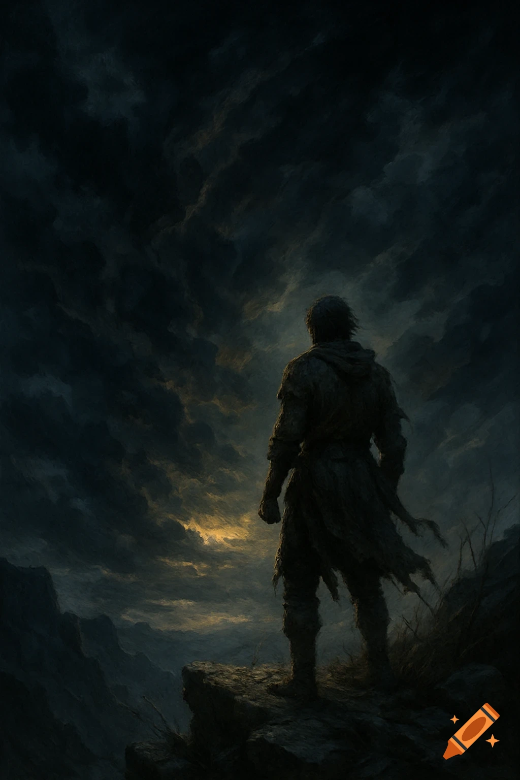 A dark, dramatic scene of a cloaked figure on a cliff, looking out at a stormy, mountainous landscape with a sliver of light on the horizon.