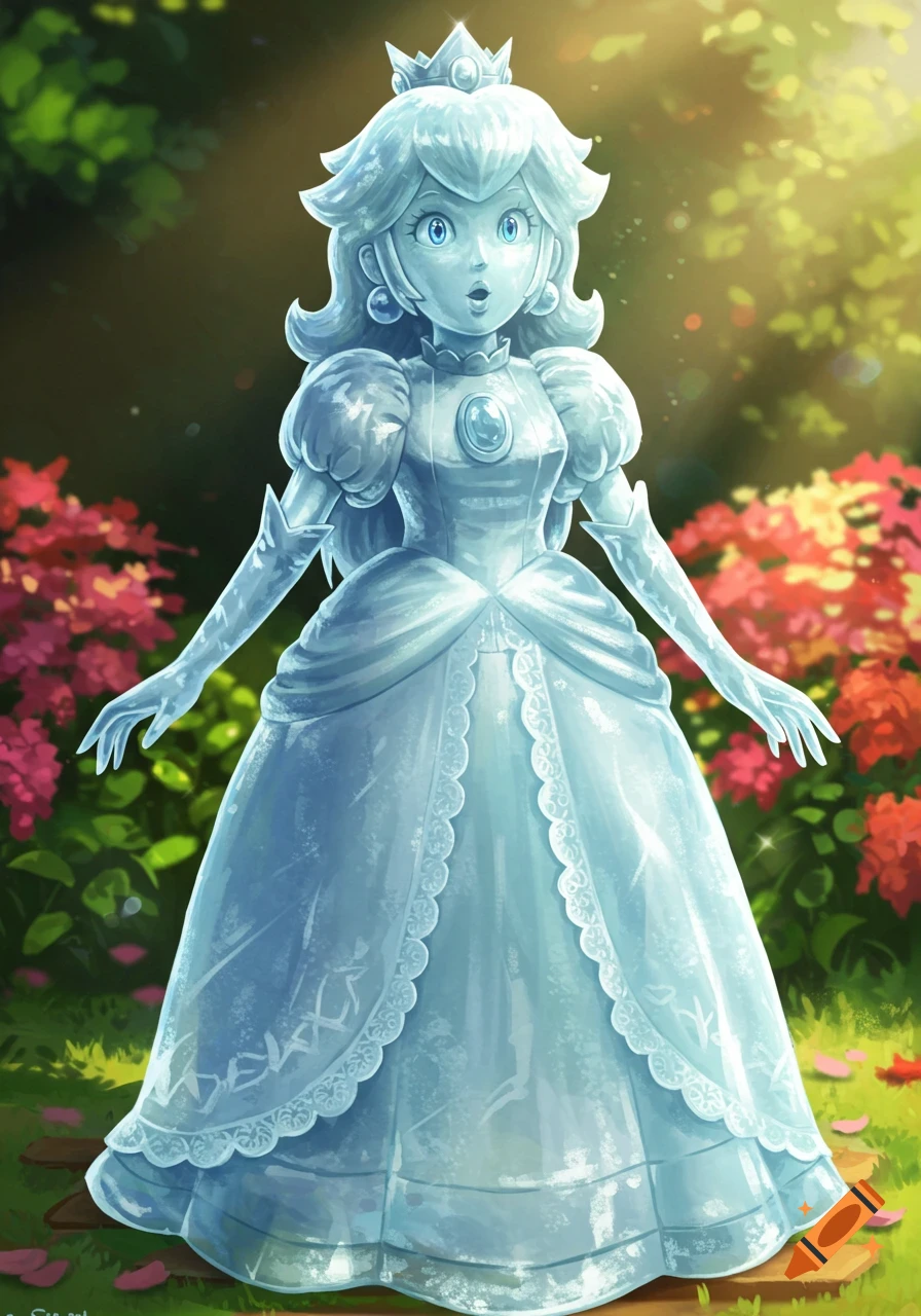 Princess Peach as a surprised ice statue in a sunny garden with red flowers, digital art.