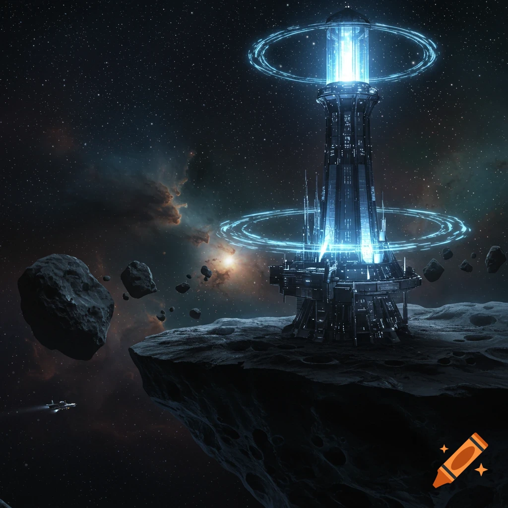 A futuristic glowing blue lighthouse stands on a large asteroid, surrounded by smaller asteroids and a spaceship in deep space with nebulae.
