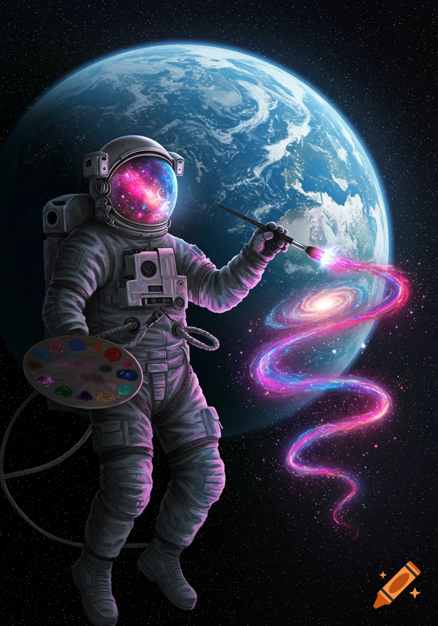 An astronaut floats in space, painting a vibrant spiral galaxy with a paintbrush, as Earth looms in the background.
