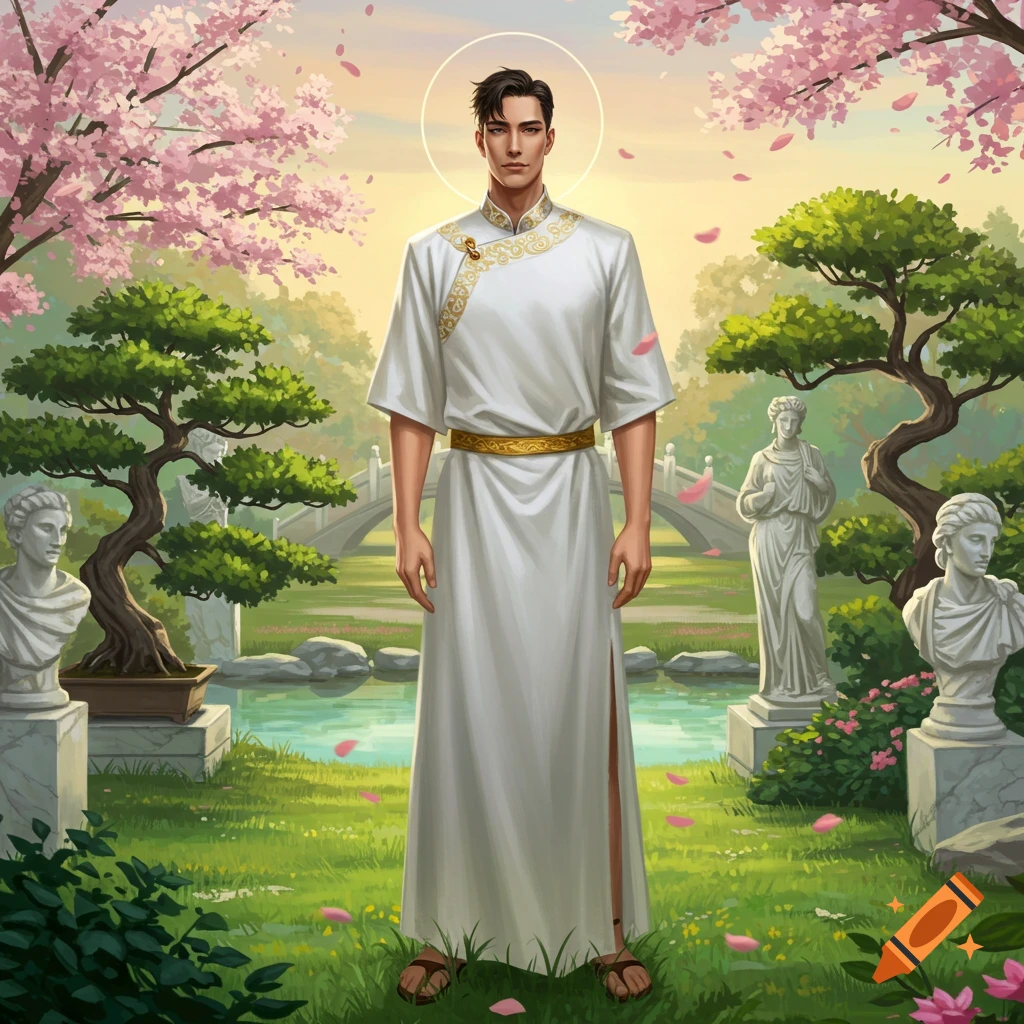 A man in a white tunic with a halo stands in a cherry blossom garden with classical statues and a bridge.