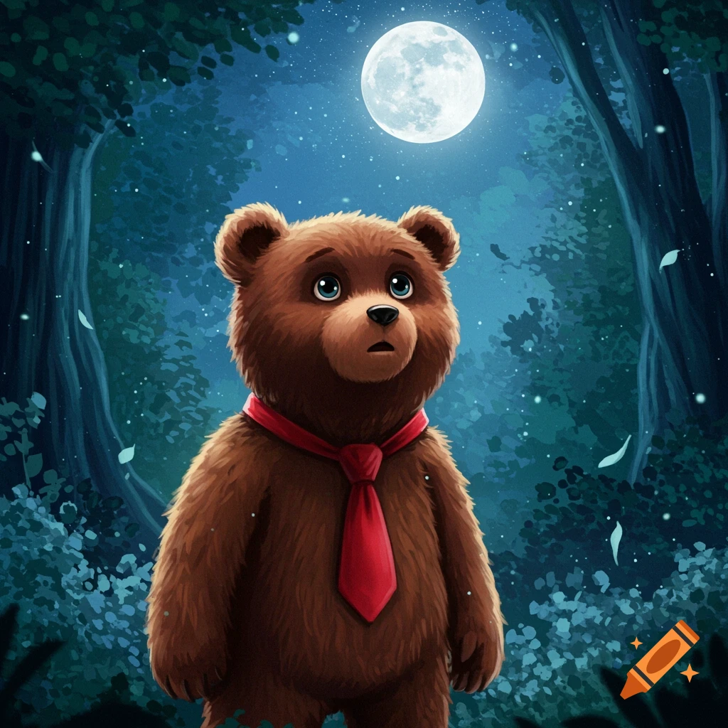 A cute brown bear wearing a red tie stands in a dark forest at night, looking up at a bright full moon.