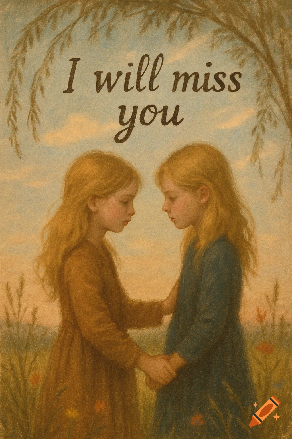An old-fashioned illustration of two young girls with long blonde hair holding hands, looking sad, with the text 'I will miss you' above them.