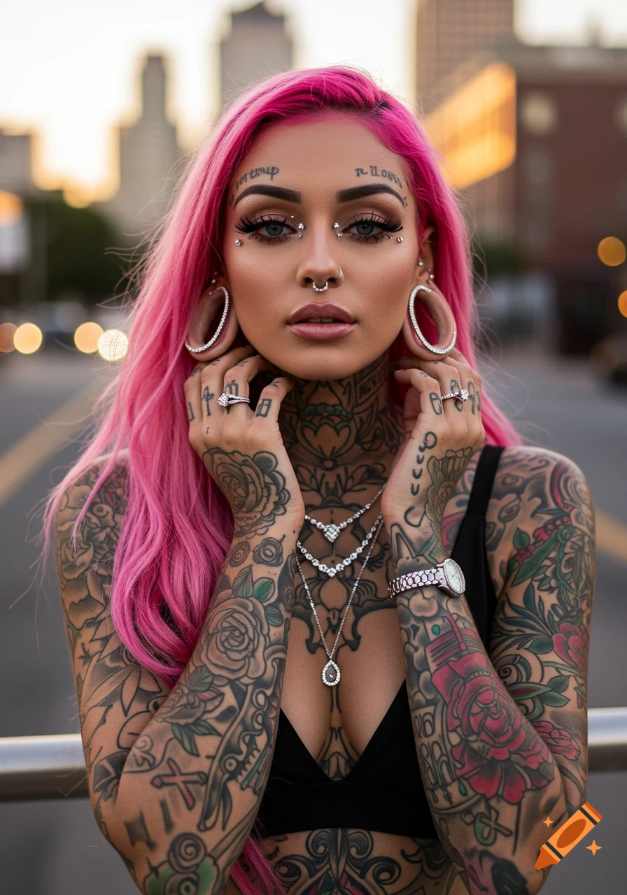Portrait of a Young Latina Female With Purple Eyes and Tattoos created on  Craiyon, image size:896x1280
