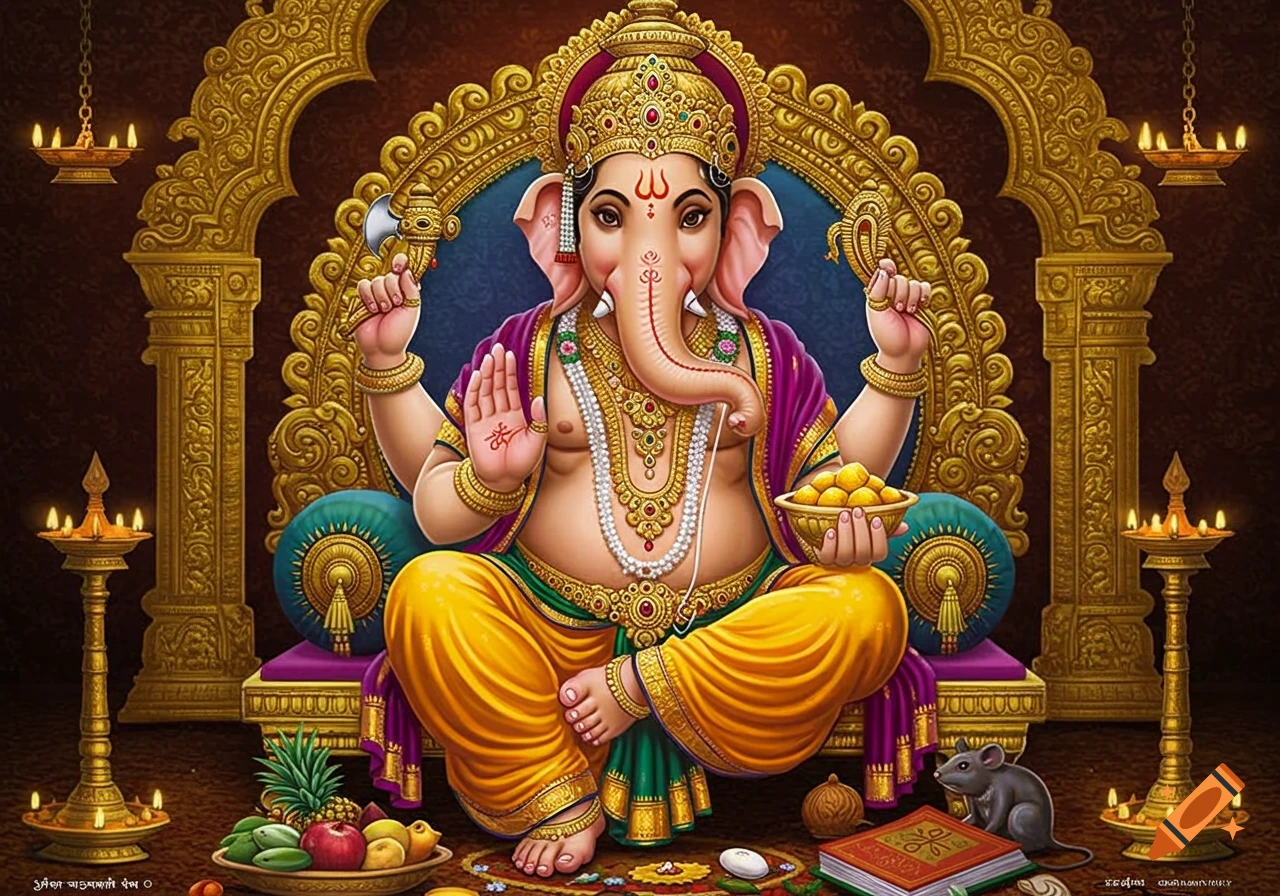 A hyper-detailed, ornate illustration of Lord Ganesha, seated majestically on a golden throne with offerings of fruit.