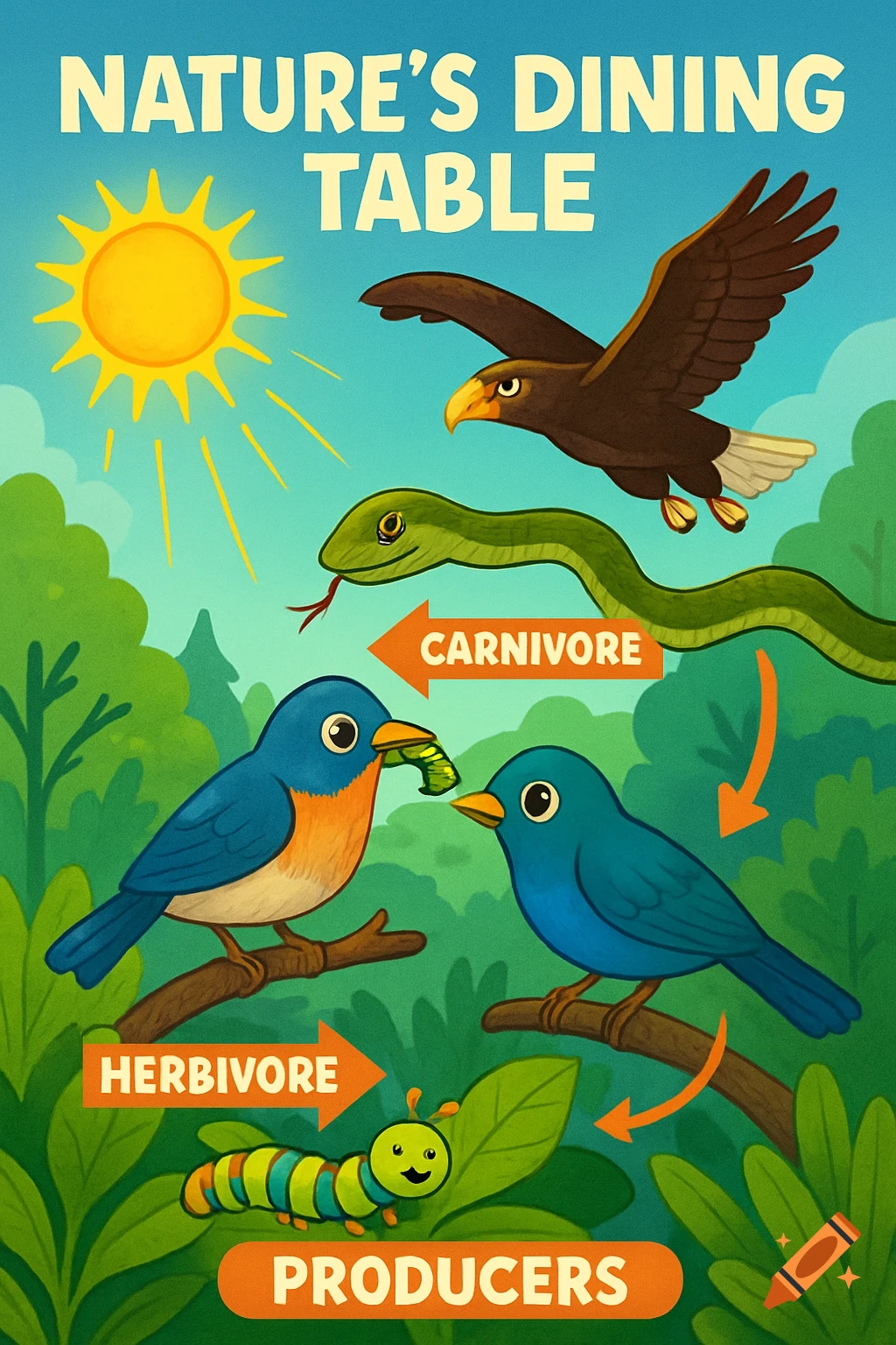 A colorful cartoon educational illustration titled "NATURE'S DINING TABLE" depicts a food chain: sun, plants labeled "PRODUCERS", a caterpillar labeled "HERBIVORE", a bird eating the caterpillar, a snake eating a bird, and an eagle eating the snake. Birds, snake, and eagle are labeled "CARNIVORE".