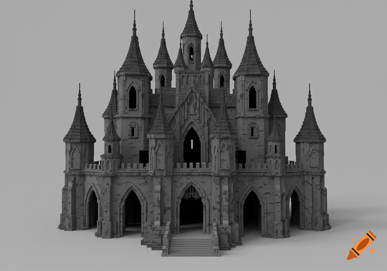 A dark gray, pixelated gothic castle with multiple spires and open archway entrances, set against a plain gray background.