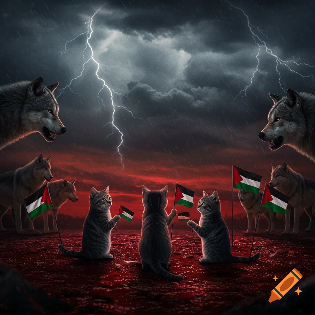 A group of cats holding Palestinian flags face a pack of wolves on a blood-red ground under a stormy sky with lightning.