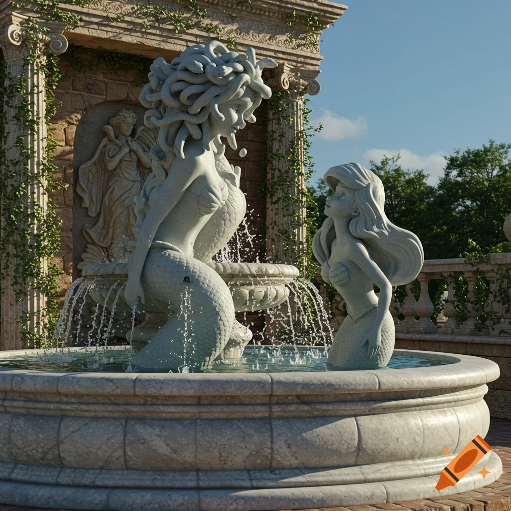 Marble statues of Medusa and Ariel, the mermaid, in a classical stone fountain adorned with ivy.
