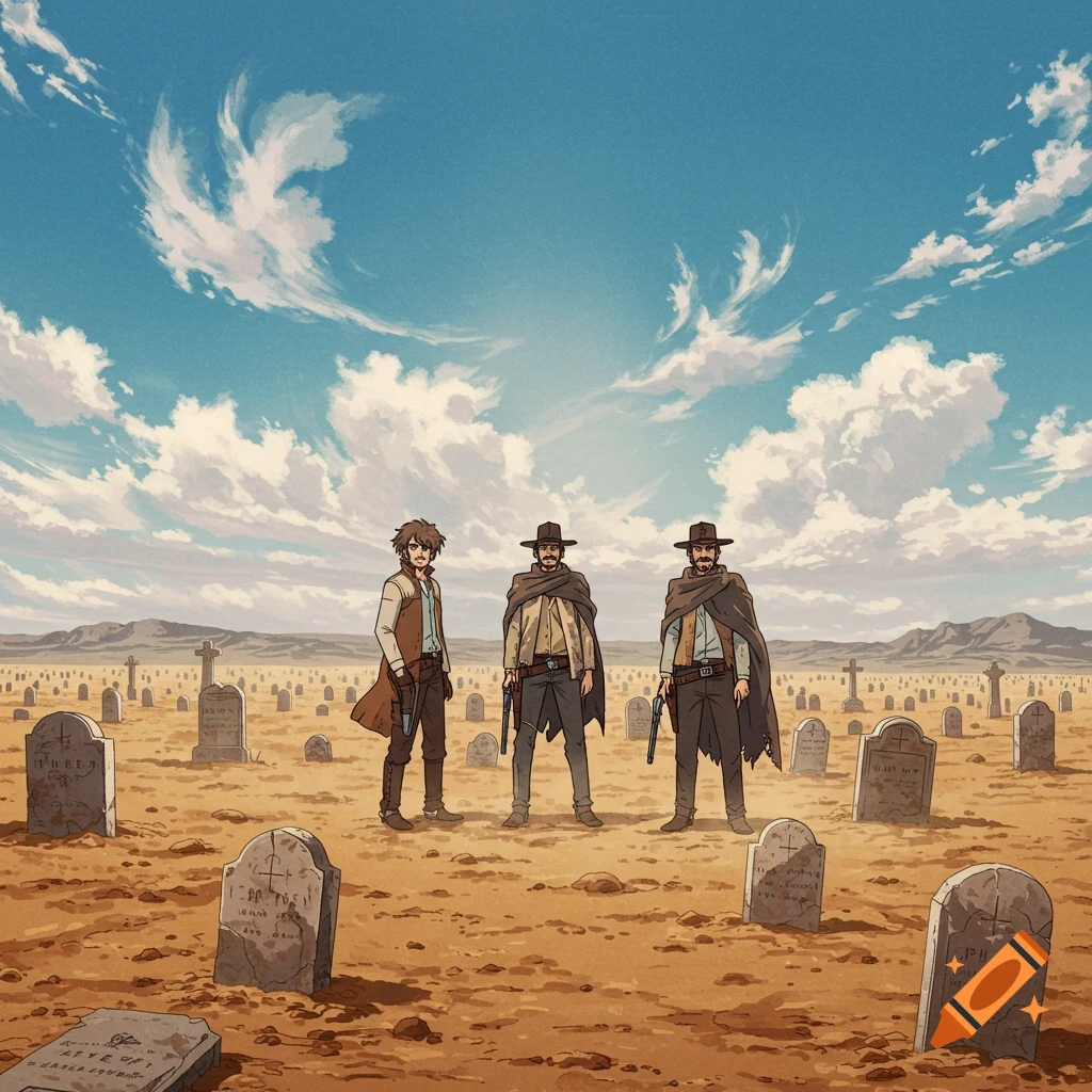 Three male figures in western attire, two with long ponchos and hats, stand in a vast desert cemetery under a blue sky with white clouds, in an anime style.