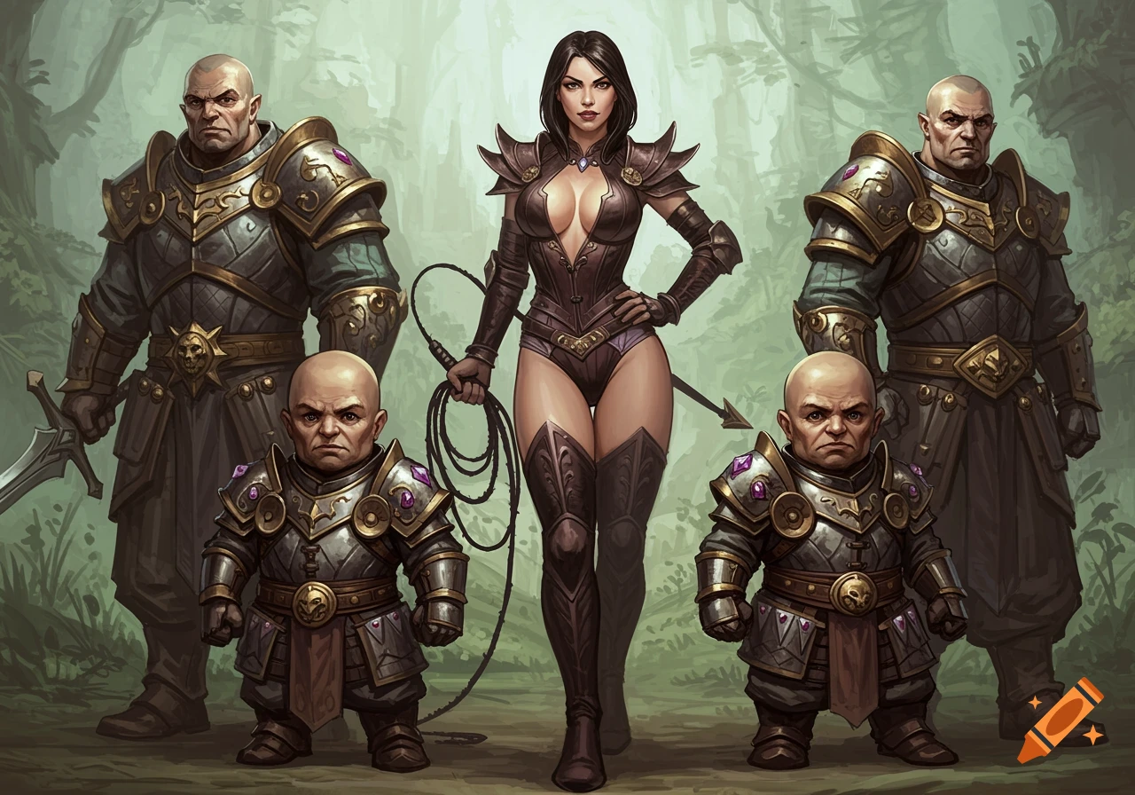 Five fantasy characters standing in a forest. A woman in dark leather armor holds a whip, flanked by two large armored men and two small armored men.