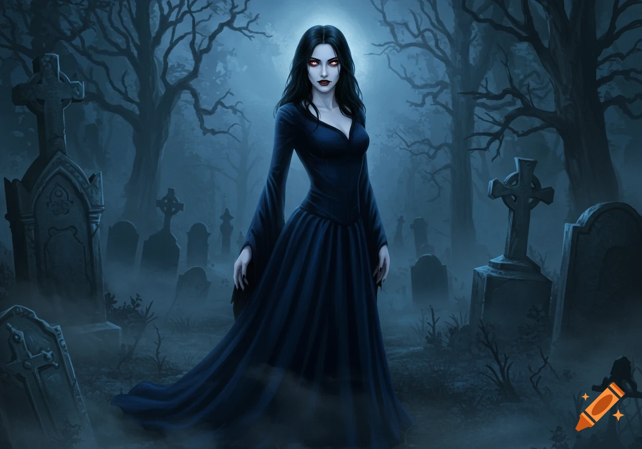 A pale woman with long dark hair and red eyes, wearing a dark blue dress, stands in a misty graveyard with tombstones and bare trees. Digital art.