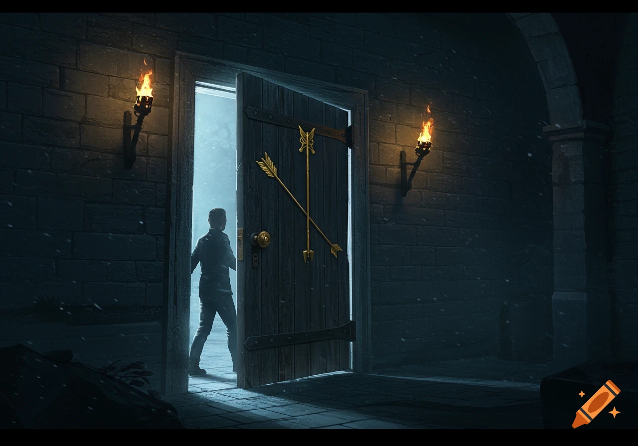 A figure opens a large wooden door with golden arrows in a dark, torch-lit stone corridor with falling snow.