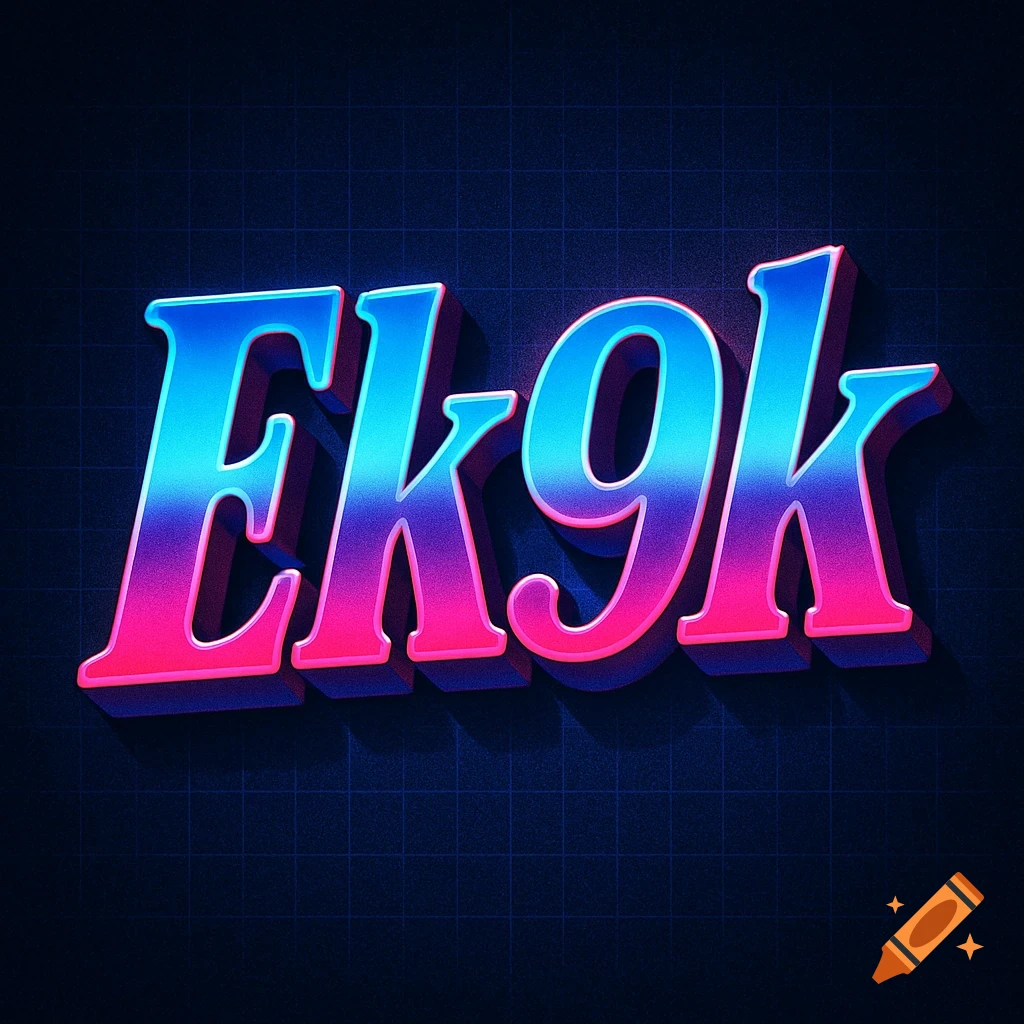 3D text 'Ek9k' with blue and pink neon gradient, retro 80s style against a dark grid background.