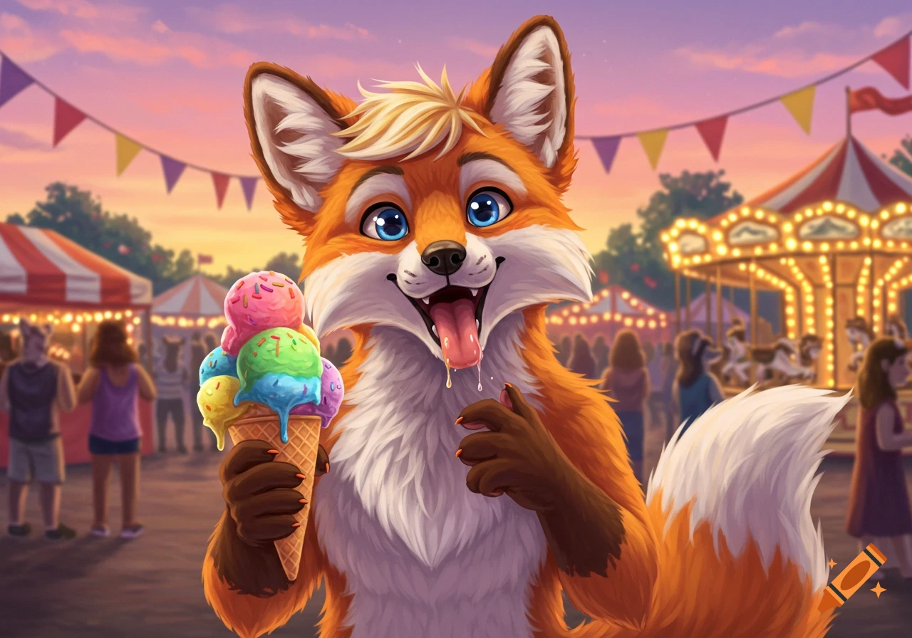 A happy anthropomorphic fox with blue eyes eats a multi-scoop ice cream cone at a vibrant carnival during sunset.
