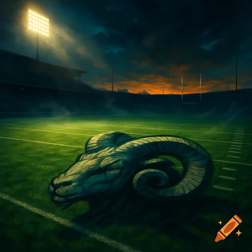 A large, stone-like ram's head rests on a football field under stadium lights at dusk, with an orange sky.