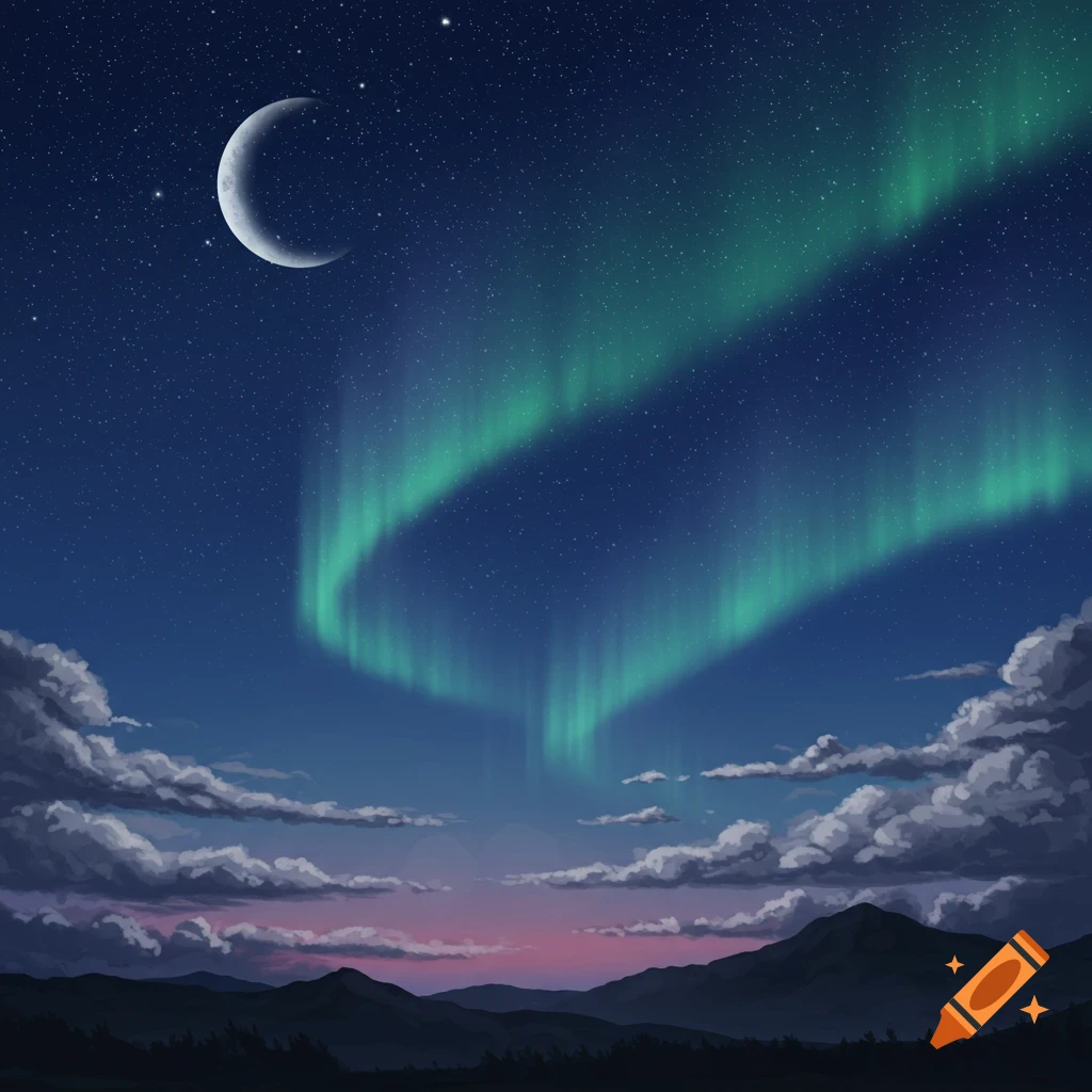 A beautiful night sky with vibrant green aurora borealis, a crescent moon, and clouds over dark mountains.