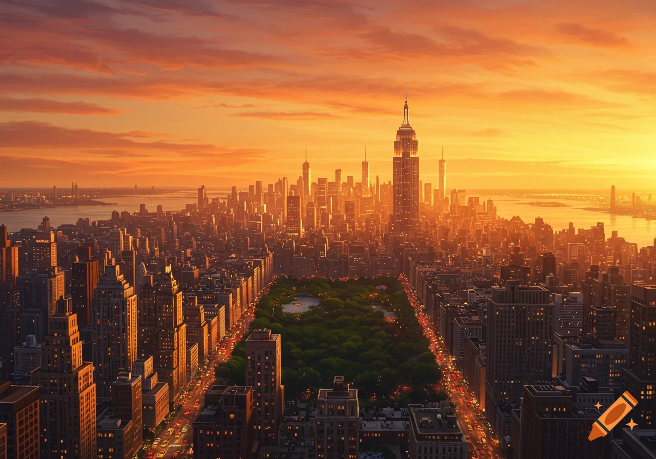 Aerial photorealistic view of the New York City skyline at sunset, showing Central Park and the Empire State Building.