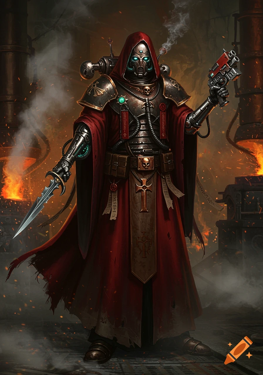A heavily armored tech-priest in a red hooded robe stands in a fiery, industrial setting, holding a laser pistol and a forearm-mounted dagger.