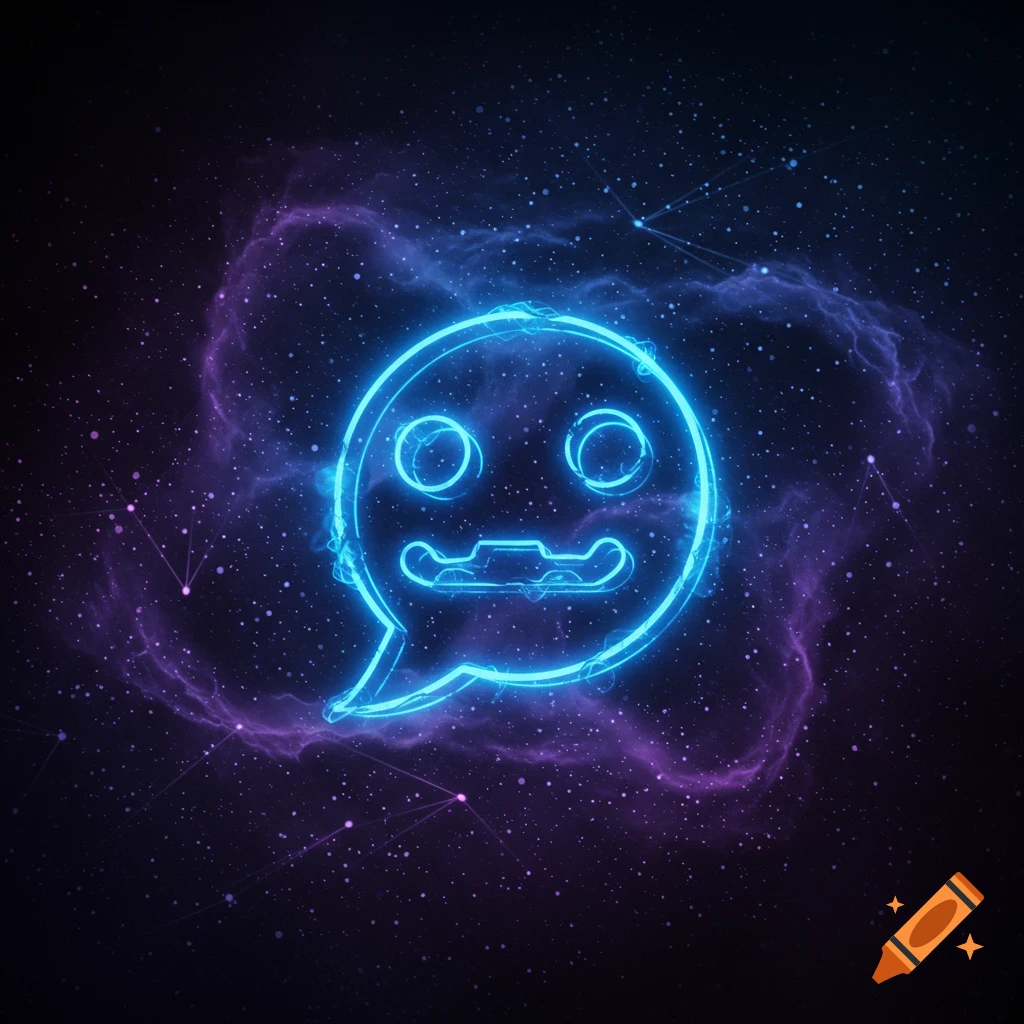 A glowing blue neon chat bubble icon with a stylized face inside, set against a dark, starry cosmic background with purple nebulae.