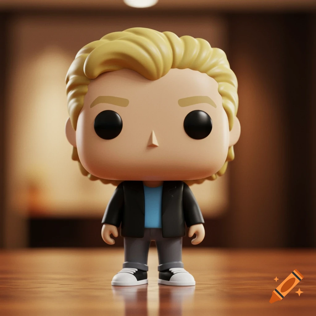 A Funko Pop figure with blonde hair, black jacket, blue shirt, grey jeans, and white shoes, standing on a wooden surface.