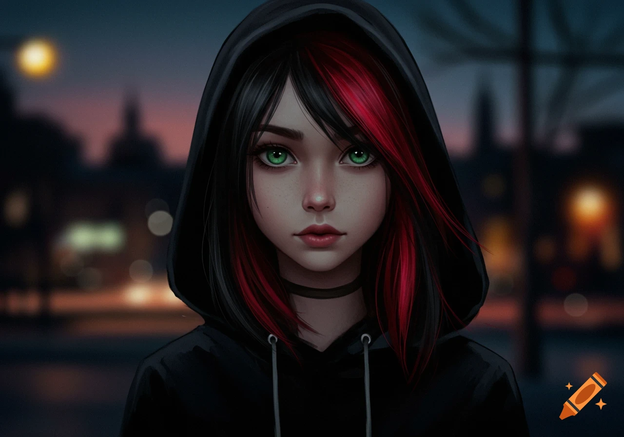 A digital art portrait of a young woman with green eyes and black hair with red highlights, wearing a black hoodie.