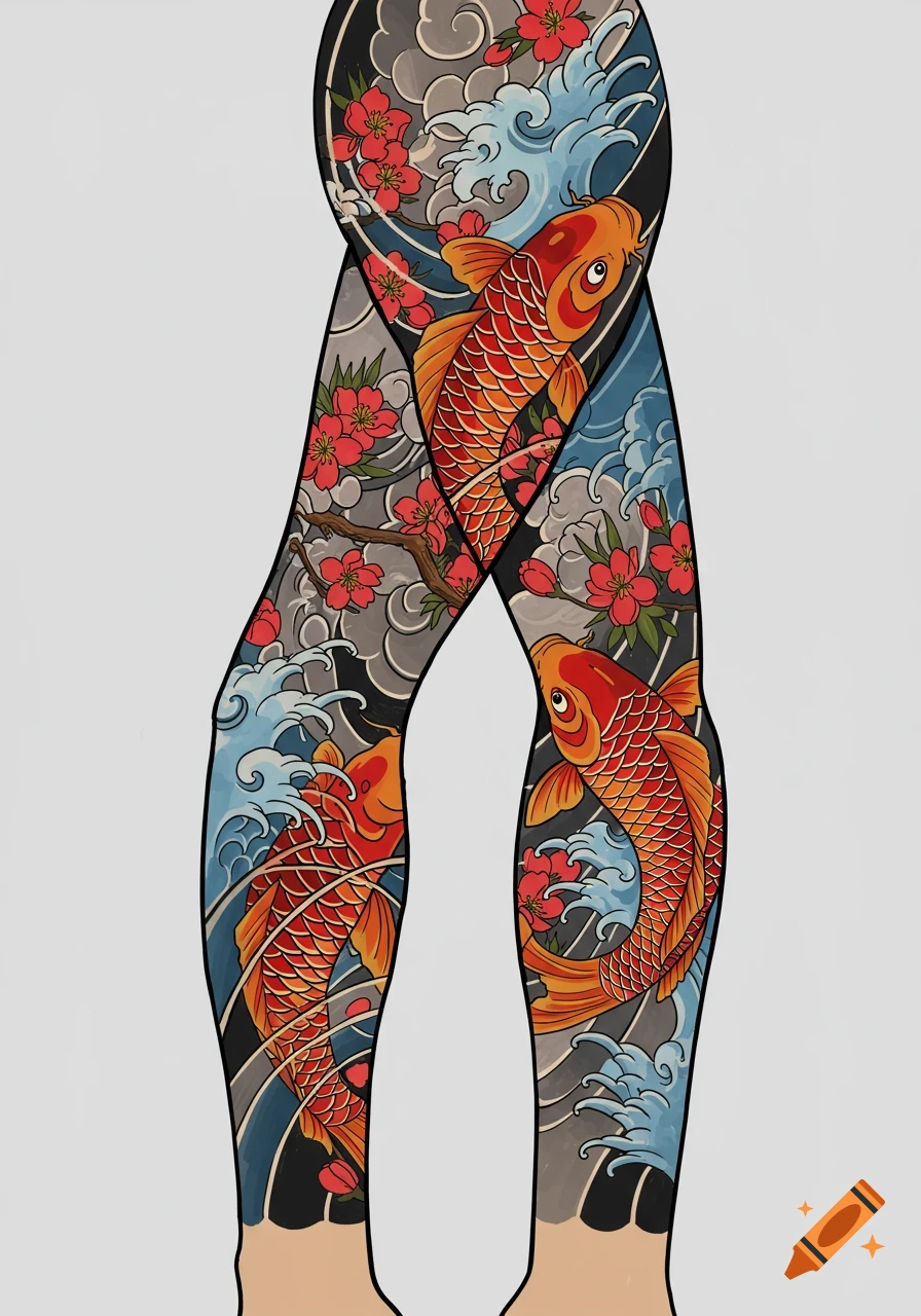 Illustration of legs covered in a vibrant Japanese irezumi tattoo featuring orange koi fish, red cherry blossoms, and blue waves.