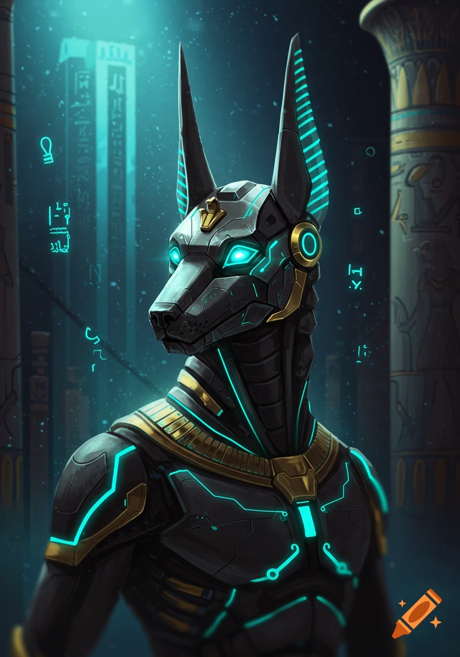 A cybernetic Anubis figure with glowing blue circuitry and eyes stands against a futuristic Egyptian cityscape.