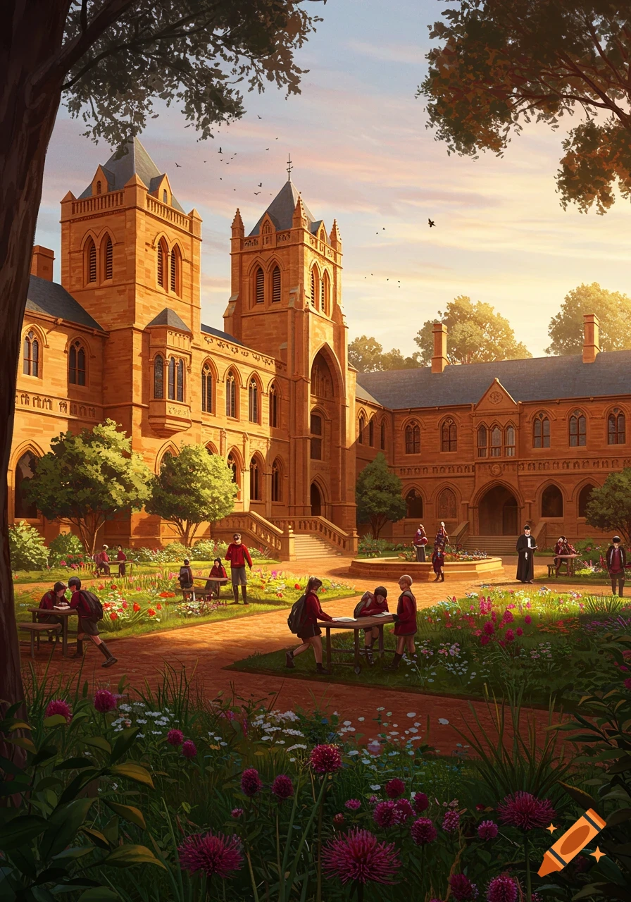 A grand university building with twin towers overlooks a garden courtyard at sunset, where students study and stroll among colorful flowers.