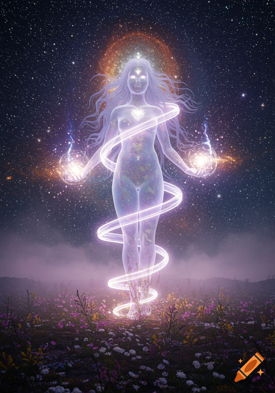 Ethereal glowing female figure with cosmic halo and light trails, standing in a starry field.