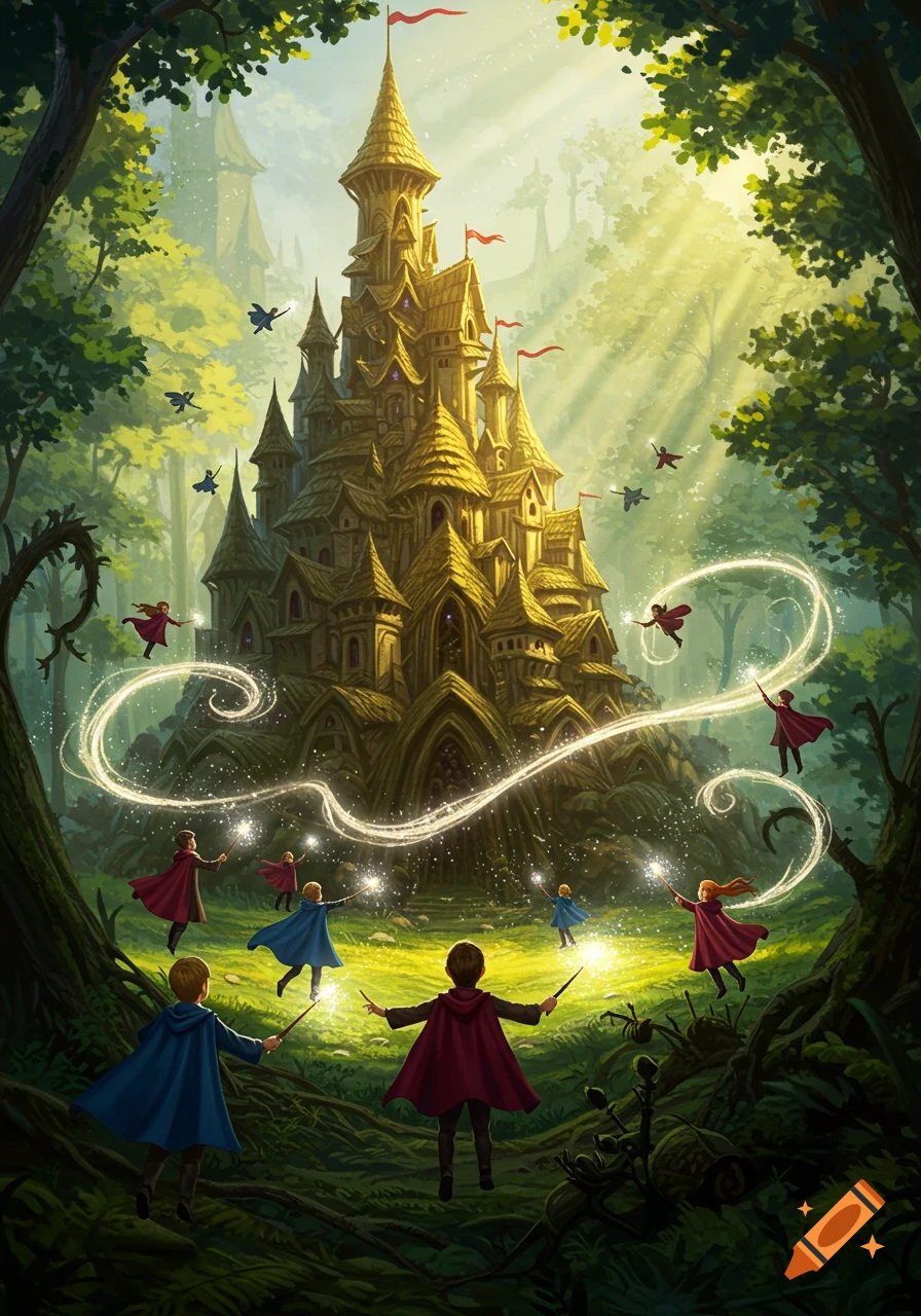 Children in capes cast spells with wands around a magical, towering castle bathed in sunlight in a lush forest, fantasy art style.