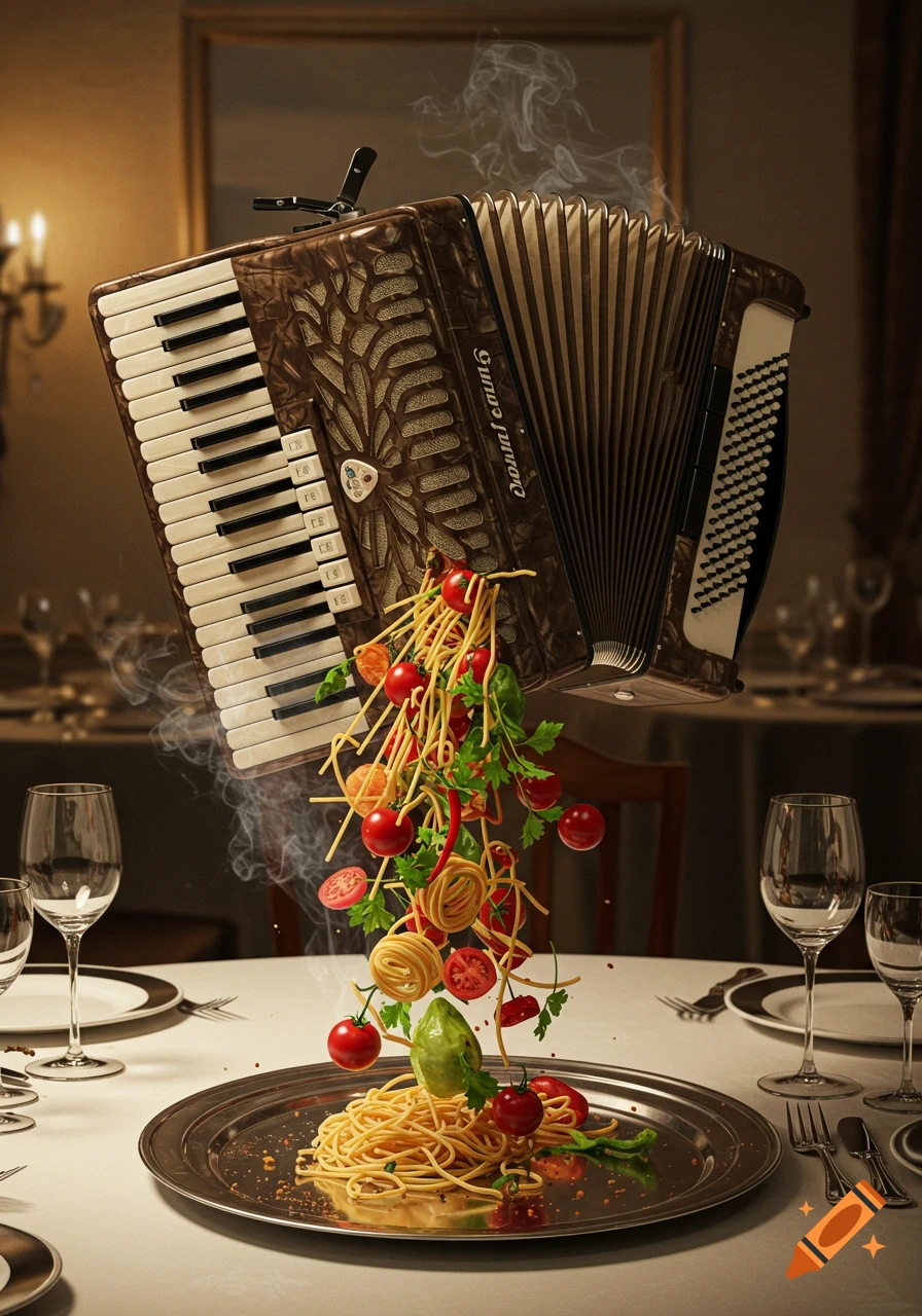 A floating brown accordion spills spaghetti, tomatoes, and herbs onto a plate of pasta on a white tablecloth in a restaurant setting.