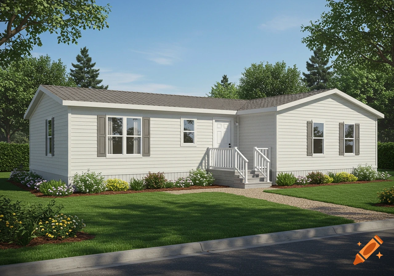 A photorealistic single-story white manufactured home with a gray roof and porch, surrounded by a green lawn and trees.